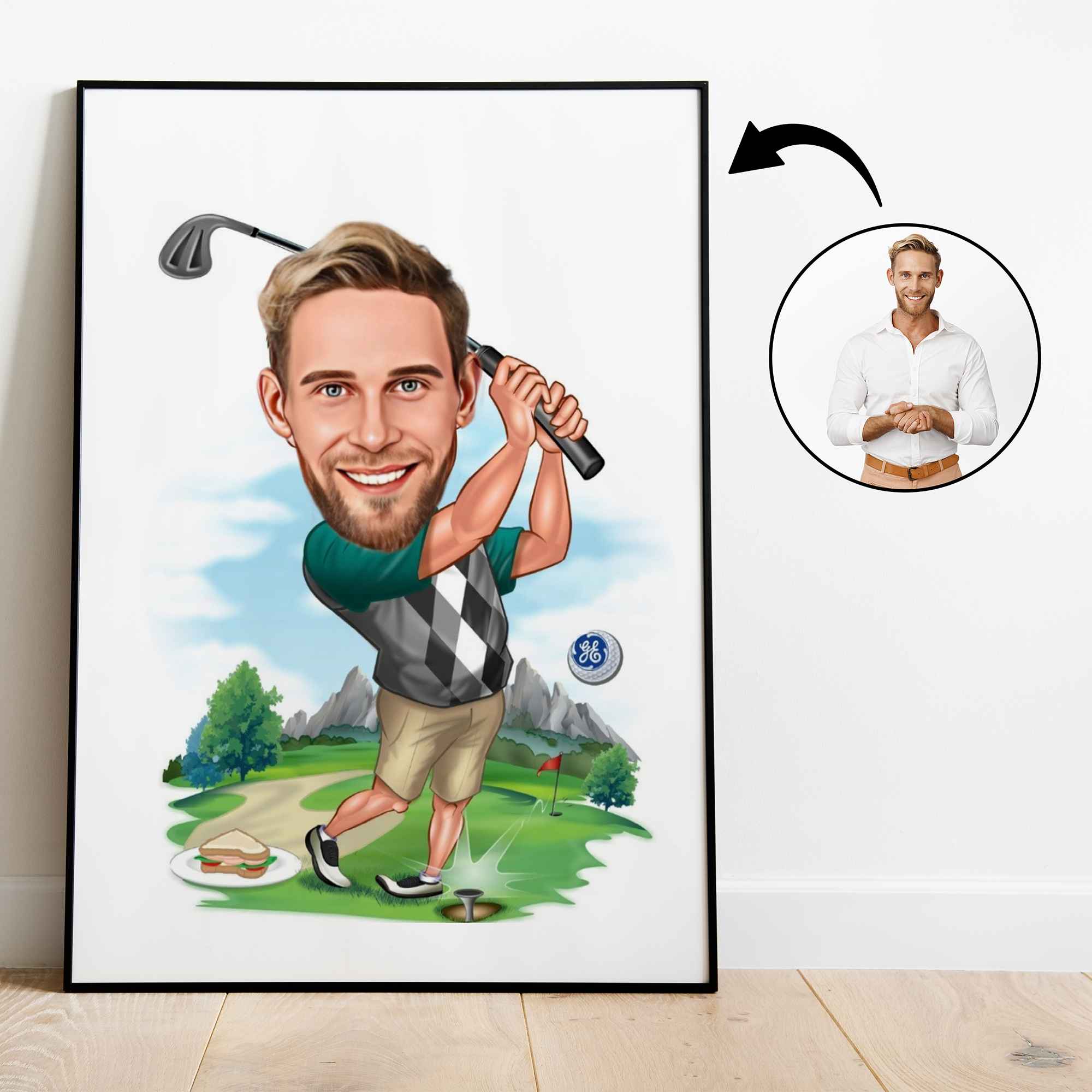 Golf tema15 (1 person) - karikaturtegning efter dine fotos