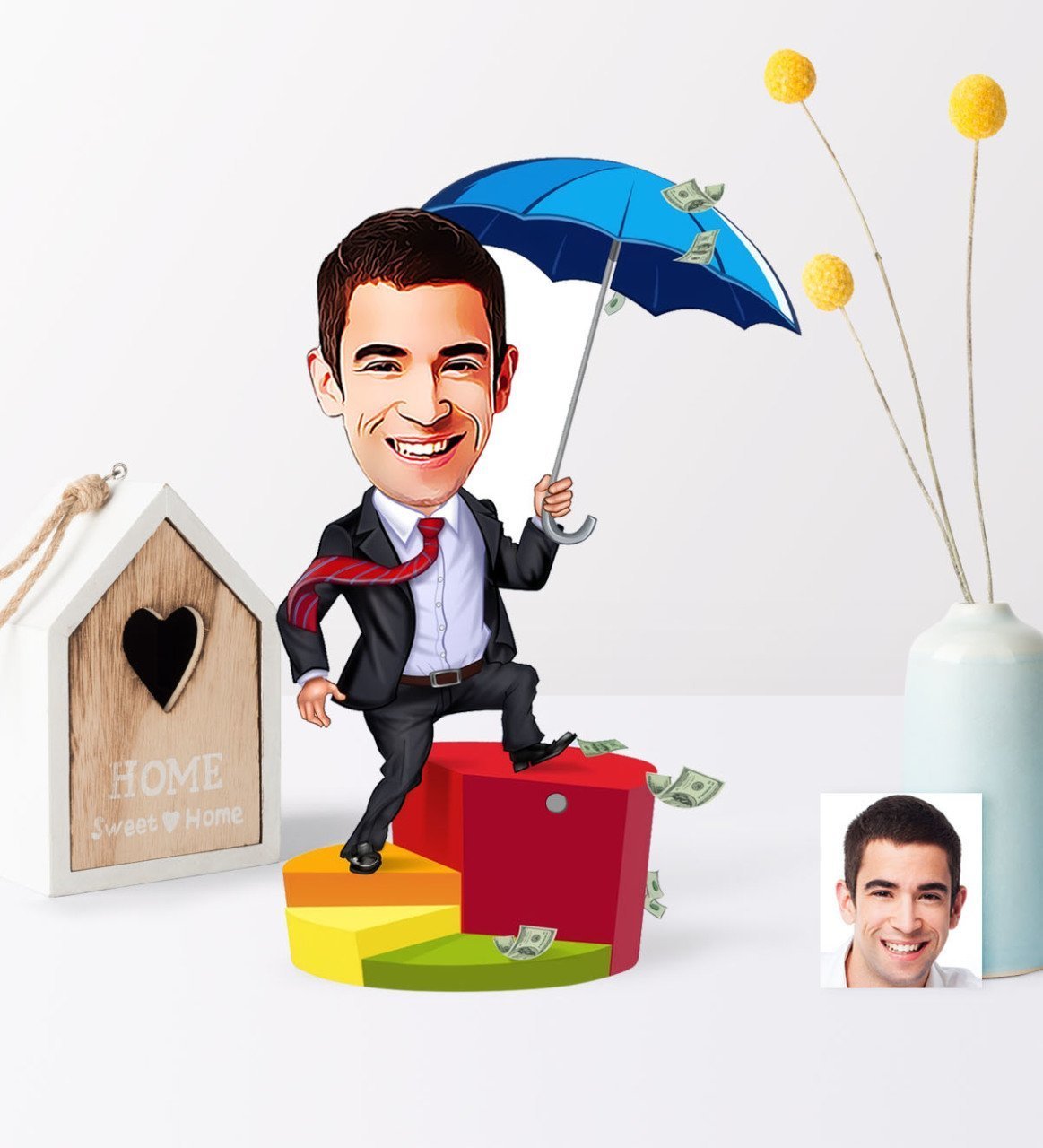Personlig paraply mand (1 person) træfigur med print - karikatur efter dine billeder