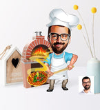 Personlig pizzamand (1 person) træfigur med print - karikatur efter dine billeder