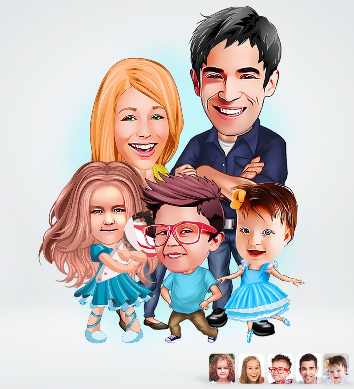 Familie tema5 (5 personer) - karikaturtegning efter dine fotos