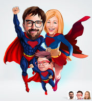 Superhelt familietema1 ( 3 personer ) - karikaturtegning efter dine fotos