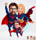 Superhelt familietema1 ( 3 personer ) - karikaturtegning efter dine fotos