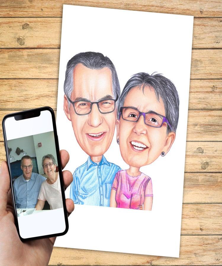 Gave til bedsteforældre - karikaturegning efter dine fotos Just Karikatur