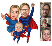 Superhelt familietema2 (3 personer) - karikaturtegning efter dine fotos