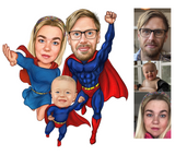 Superhelt familietema2 (3 personer) - karikaturtegning efter dine fotos - Just Karikatur