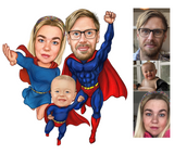 Superhelt familietema2 (3 personer) - karikaturtegning efter dine fotos